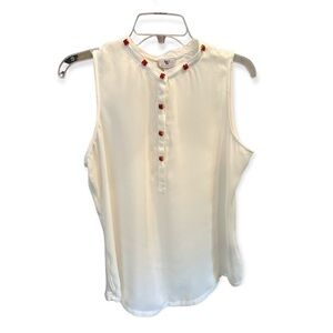 Worthington Sleeveless Half Button Red Square with Gold Ivory Semi Sheer Size L 